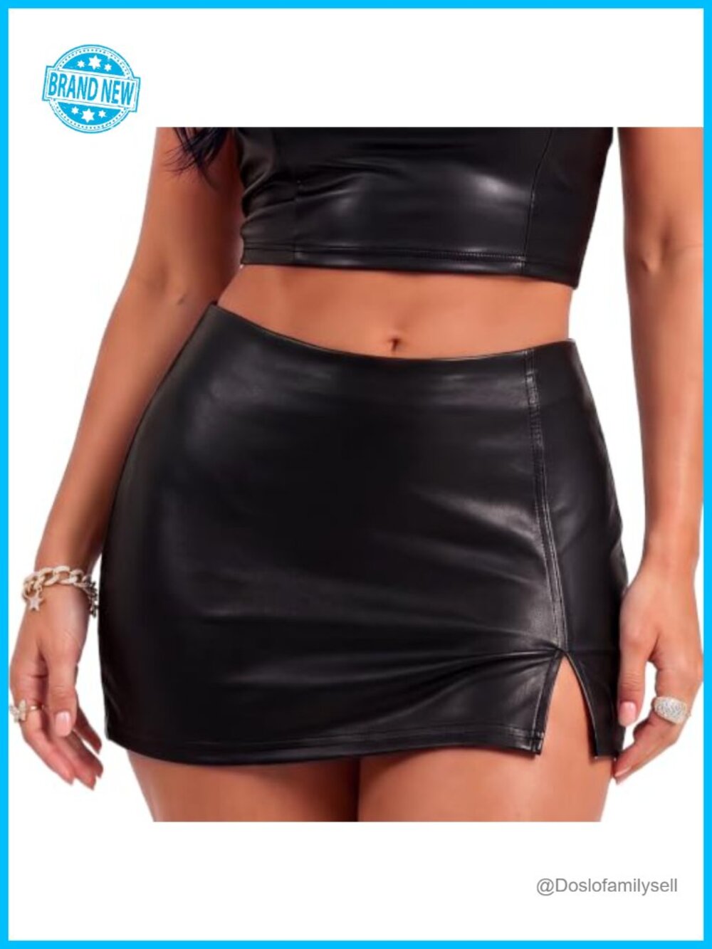 Faux Leather A-Line Skort Slit Hem Built-in Shorts Stretch PU Mini Skirt